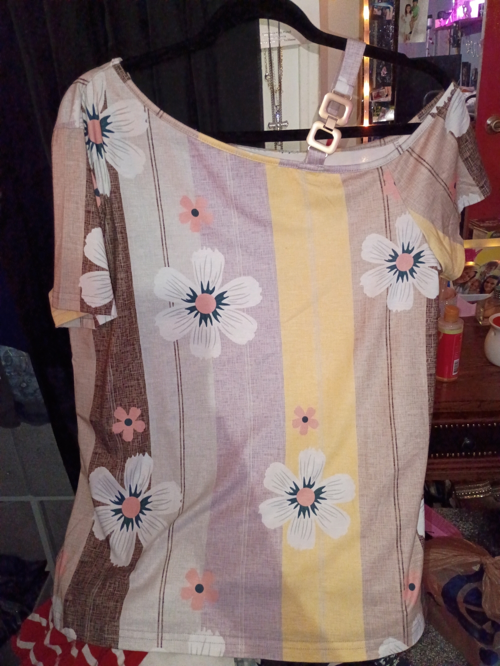 Source Unknown Floral Stripe Off-Shoulder Tunic in Yellow, Pink & Cream